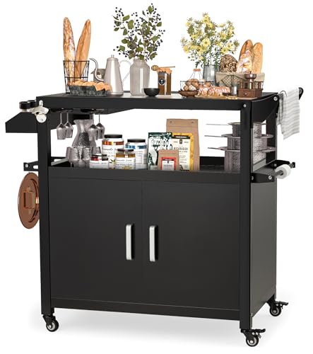 JFHID Outdoor Grill Prep Table Storage Cabinets Rolling Bar Grill