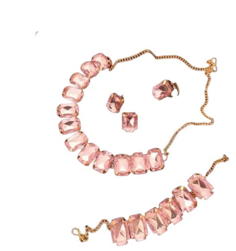HASHONE Crystal Choker Necklace Set With Bracelet Ring & Earring Imitation Artificial Gold Plated Set for Women for Every Occasion Set of 4 Pc (Baby Pink) (B0BN17PB6C) Amazon Price History, Amazon Price Tracker