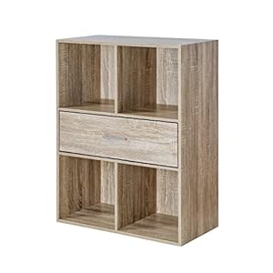 Casâme Meuble 4 Cases Décor Chêne et 1 Grand Tiroir – Bibliothèque avec Étagères – Style Contemporain et Moderne – pour Salon, Chambre, Bureau – L62,6 x P29 x H83 cm