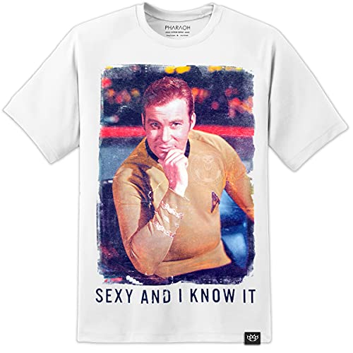 Hommes Capitaine Kirk Sexy & I Know It Star Trek T Shirt Khan Starfleet William Shatner - Blanc, X-Large Cover