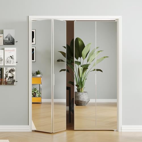 SOLRIG Closet Doors, Perfect for 60''（30''x2） x 80'' Openings, 1-Lite Mirror Aluminum Alloy Interior Bifold Door Panel with Hardware Kit, Folding Doors for Bedroom, Silver