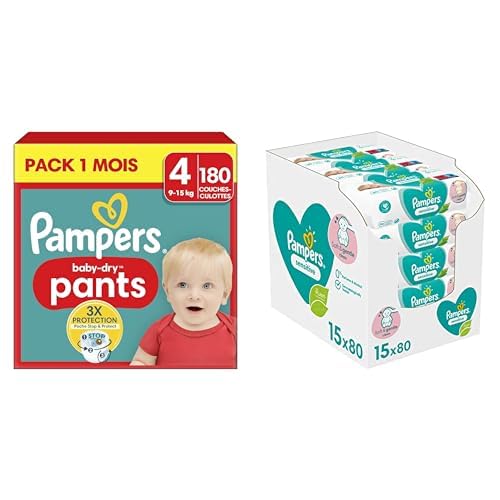 Pampers Baby-Dry Pants, Taille 4, 180 Couches-Culottes, 9-15kg, Pack 1 Mois + Pampers Sensitive, 1200 Lingettes pour Bébé (15x80), Sans Alcool ni Parfum, Certifié OEKO-TEX
