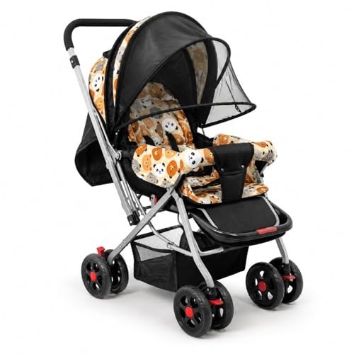 BabyGo Foldable Baby Stroller for Newborn, Infant & Toddler 0–3 Years | Lightweight Travel Pushchair | Safety Harness | Adjustable Recline Backrest | 360° Swivel Wheels | Large Storage Basket | Orange