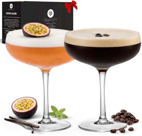Vemacity Elegante Espresso Martini Gläser| Handgefertigte Cocktailgläser Set | Ideal Champagner Schalen und Champagner Gläser (2er Set Martini Coupe, 300ml)