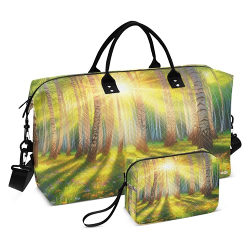 ​​Large Foldable Travel Duffel Bag, Waterproof Gym Bag for Men & Women, Carry-On Luggage Weekender Overnight Bag, Sunlit Birch Grove