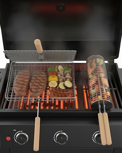 Lanejoy Grillset, Edelstahl 304, Fisch- & Gemüse-Grillkorb mit Abnehmbarem Holzgriff für BBQ, Grill Zubehör für Outdoor & Camping Grill, Gasgrill Geschenke für Männer, Papa oder Ehemann