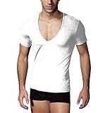 Q&Y Men's Fitness Workout Tops Base Layer Deep V-Neck Silm, White, Size X-Large