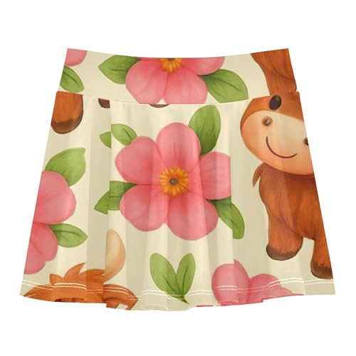 Joisal Cute Highland Cows Pink Flowers Girls' Shorts Athletic Skorts Tennis Skirts for Kids Neon Little Girl 3t