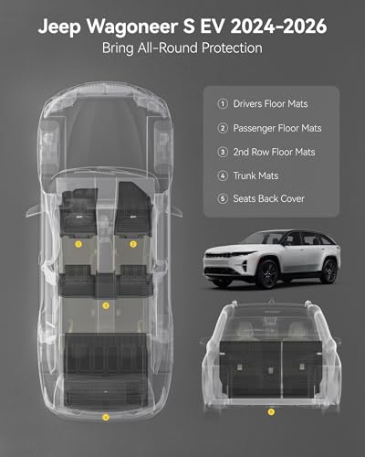 Image of 3W Floor Mats & Seat Back Mats & Cargo Liner for 2024-2026 Jeep Wagoneer S EV, All Weather TPE Custom Fit Set Car Floor Mats, Jeep Wagoneer S EV Full Set Floor Mats Accessories, Black