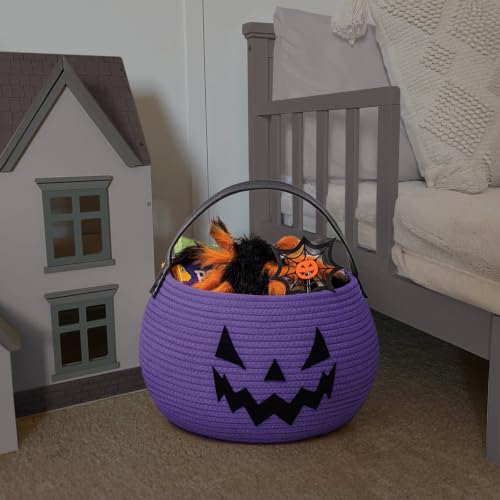 Image of Goodpick Halloween Pumpkin Basket with Cute Face and Sturdy Handles, Purple