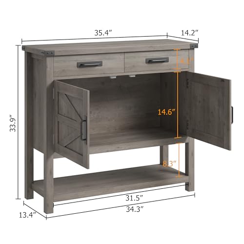 Farmhouse Console Table with 2-Door Cabinet and 2 Drawers, Buffet Cabinet with Storage Shelf, Wood Coffee Bar Cabinet for Kitchen, Dining Room, Living Room, Entryway (Gray)