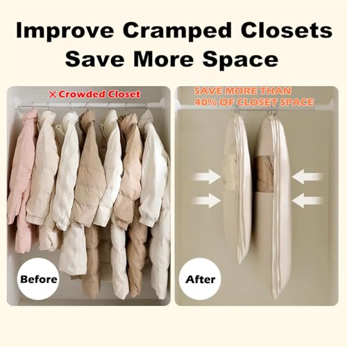 Space Saving Hanging Garment Bag with Self Compression Zipper, 2025 New Space Saver Clothes Storage Organizer, Dust Cover Clothes Bags for Down Coat Suit Dress or Jacket (Beige, L) 5