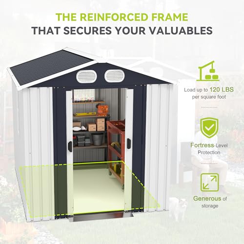 Image of KEIKI 8x6 FT Heavy-Duty Outdoor Storage Shed, Metal Shed with Reinforced Frame, Lockable Doors & Air Vents, Weatherproof Garden Tool Shed for Backyard, White