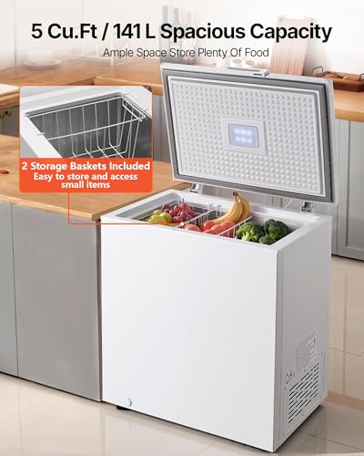 Image of VEVOR Chest Freezer, 5 Cu.ft Compact Deep Freezer, Free Standing Top Open Door Chest Freezers with 2 Removable Baskets & Adjustable Thermostat - Energy Saving, Low Noise & Garage Ready, White