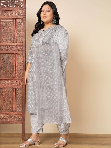 Image of Vbuyz Women's Printed & sequience work A-line Cotton Pink Kurta Pant With Dupatta