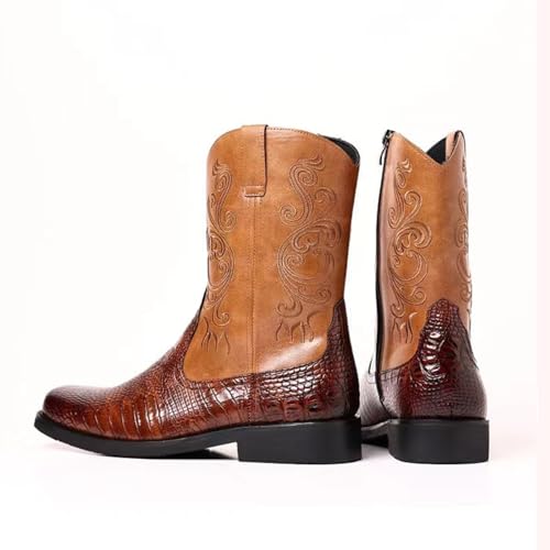 Men Cowboy Boots PU Leather Crocodile-Embossed Boots Vintage Mid-Calf Western Embroidered Boots Wear-Resistant Heel3