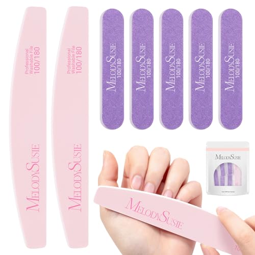 Image of MelodySusie 7Pcs Nail Files 100 /180 Grit, 2 Standard & 5 Mini Mixed-Shape Professional Emery Boards for Acrylic, Gel and Natural Nails, Portable Travel Manicure Pedicure Shaping Tools, Pink & Purple
