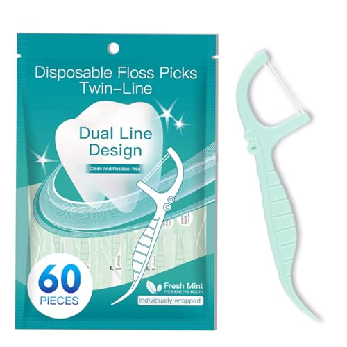 60 Filo Interdentale a Doppia Linea alla Menta per la Cura dei Denti (Confezionati Singolarmente) - Archetti filo interdentale per Rimuovere la Placca e i Residui di Cibo
