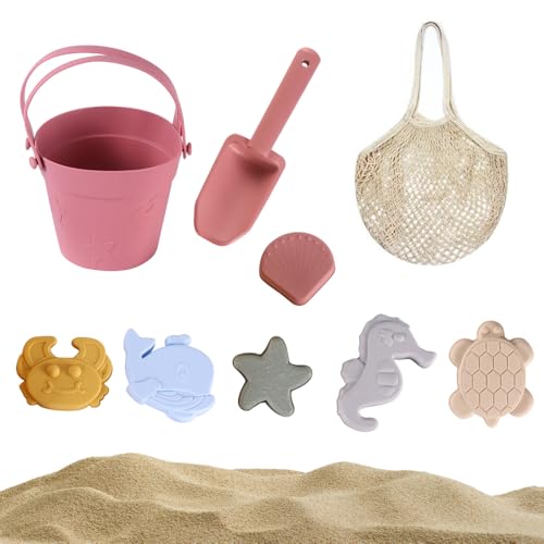 KBIBCK Sandspielzeug Set aus Silikon, Strandspielzeug für Kinder, 9-in-1 Silikon Strandspielzeug Set mit Eimer, Netzbeutel, Schaufeln, 6 Sandformen, Strandset Sandspielzeug für Jungen & Mädchen (Rot)