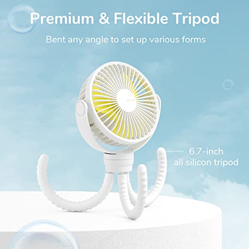 Image of JISULIFE Portable Stroller Fan 4000mAh Battery Operated with 4 Speeds, USB Rechargeable Mini Fan with 360Rotatable Flexible Tripod for Handheld /Desk /Car Seat /Treadmill /Travel -Starlight White