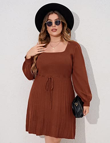 Image of Women's Plus Size Casual Sweater Dress Square Neck Long Lantern Sleeve Tie Waist Loose Pullover Sweater Dresses