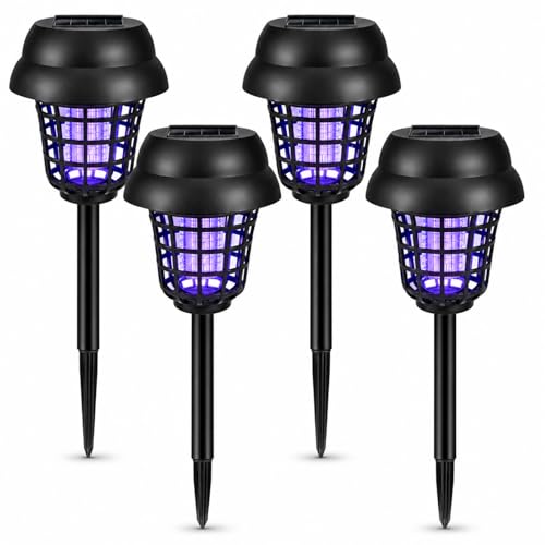 4 Pack Solar Bug Zapper Outdoor Waterproof Solar Powered Mosquito Zapper Repellent Outdoor Patio Cordless & Auto On/Off Purple White Light Small Fly Insect Zappers for Garden Backyard