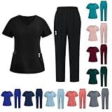 Black Scrubs Sets for Women V-Neck Stretch Scrub Top & Drawstring Scrub Pant Nursing Uniforms Scrubs Sets with Pockets
