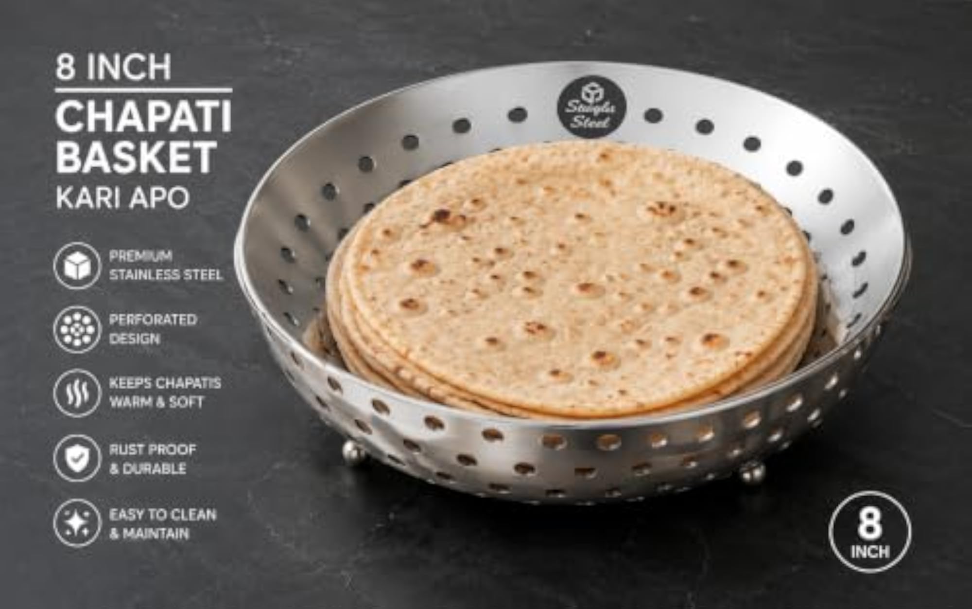 Stainless Steel Chapati Basket Round Roti Serving Plate with Ventilation