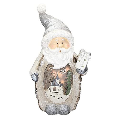 ECD Germany Père Noël Déco Figure avec Éclairage LED, 52 cm, Blanc Chaud, Chapeau et Écharpe Gris, Aspect Bois, Fonctionne à Piles, Décoration d'Intérieur, Figurine LED de Table