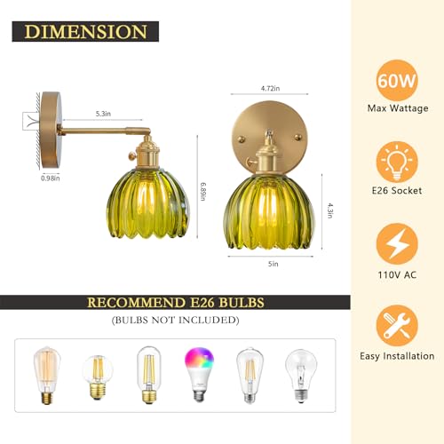 Image of Vintage Wall Sconces Wall Mounted Lights with Emerald Green Tulip Glass Lampshade Brass Sconces Hardwired 180 Degree Adjustable Modern Wall Lighting Fixture with Switch for Bedroom Bedside