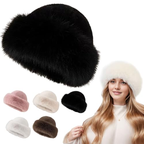 Faux Fur Bucket Hat, Womens Winter Plush Fluffy Furry Mink Hats Warm Thickened Fisherman Cap for Girls Women (Black)