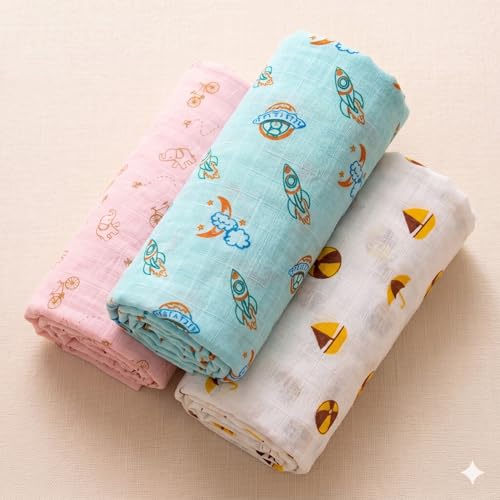 Image of NEW COMERS Cotton Muslin Baby Swaddle Set, Multicolor Printed Muslin Swaddle Wrap for New Born Baby, Soft Pure Cotton Sheet Baby Wrap Set, Baby Product (Swaddle 10)