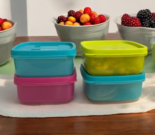 Image of C.S.M CSM Plastic Pet Square Storage Boxes, Set of 4 (330ml Each), Multicolour, Air Tight, Kitchen Organiser, BPA Free, Microwave Safe, Dishwasher Safe, Stackable
