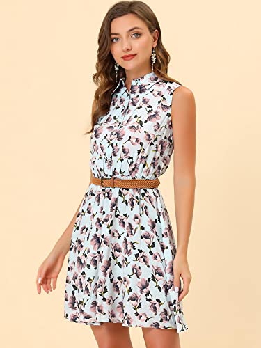 Image of Allegra K Women's Floral Printed Half Placket Above Knee Summer Sleeveless Belted Dress