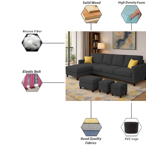 Image of Casaliving Rolando Seater L Shape Sofa Set for Living Room Left Side (Black, 6 Seater with Ottomon - LHS)