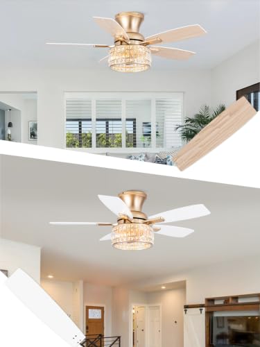 Image of 42 inch Flush Mount Crystal Ceiling Fan with Lights White and Gold