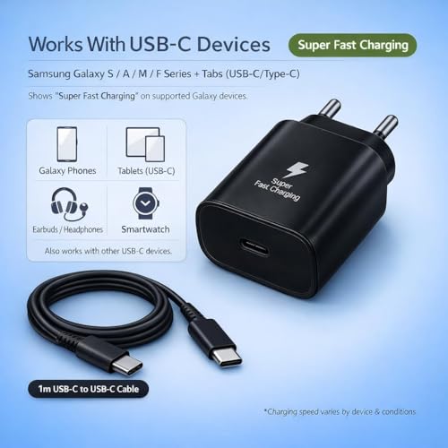 Image of Samsung 25W PD 3.0 Type-C Fast Charger (PPS) with Cable | Super Fast Charging Adapter for Samsung Galaxy S25 FE,S25 Plus, S24, S23, S22, S M F A Series & Tab S10 Series (25w Black Charger with Cable)