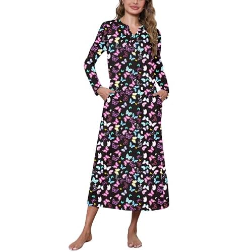 Marvmys Womens Cotton Nightgown Long Sleeve Button Up Sleep Shirts Full Length Henley Nightshirts V Neck Sleepwear S-3XL Butterflies Small