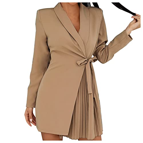 Kanpola Damen Elegant Business Blazer Kleid mit Schnürung Herbst Winter Langarm Etuikleid V-Ausschnitt Anzugkleid Mini Blusenkleid Plisseekleid...