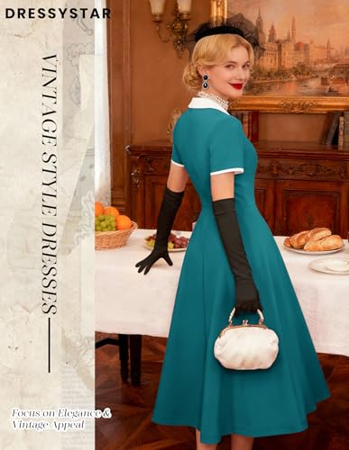 Image of Dressystar Women's 1950s Vintage Swing Dress Short Sleeve V Neck A Line Retro Rockabilly Cocktail Party Dresses With Pockets