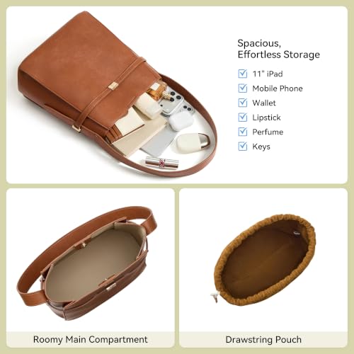 Image of BOSTANTEN Vegan Leather Purses for Women Quiet Luxury Shoulder Bucket Bag | Soft Luxury Tanned Leather, Include Drawstring Pouch, Front Belted Design, Fixed Wide Strap, for Everyday Office Weekend