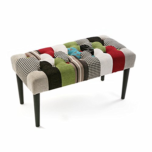 Versa Green Patchwork Banquette Tabouret Banc Chaise Longue pour Le Salon Chambre Bureau, Coloré, Dimensions (H x l x L) 43 x 40 x 80 cm, Coton et Bois, Couleur: Vert