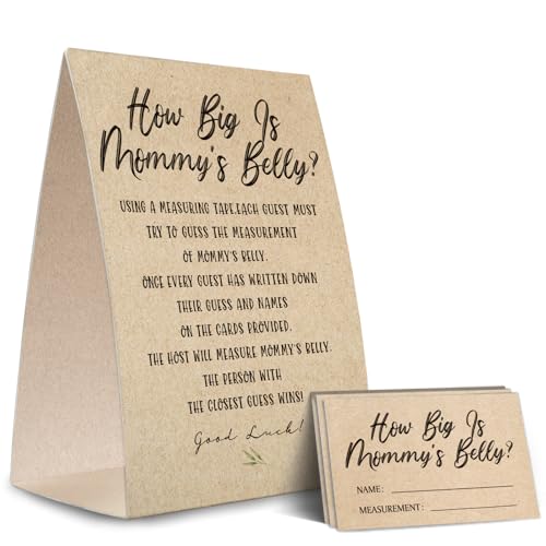 Kraft Paper How Big is Mommy's Belly Sign,Guess Mommy's Belly Size Game Kit (1 Standing Sign + 50 Guessing Cards), Baby Showers Decorations-NPZHB03