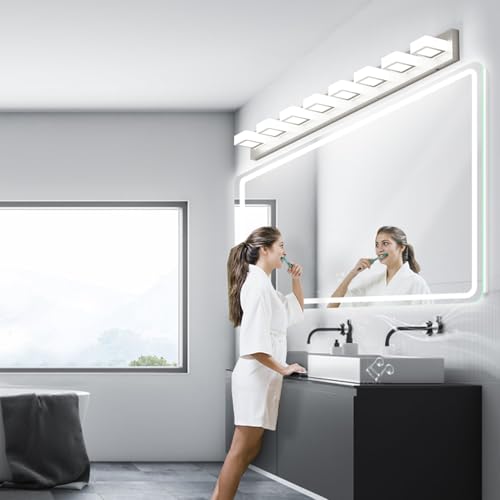 Image of Ralbay 52inch Brushed Nickel Vanity Lights 8 Lights Dimmable 5 Color Temperature Acrylic Modern LED Bathroom Vanity Lighting Fixtures Brushed Nickel