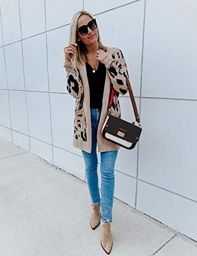 ZESICA Women's Long Sleeves Open Front Leopard Print Knitted Sweater Cardigan Coat Outwear with Pockets,L,A-Beige