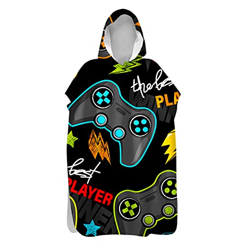 Serviettes Poncho Adulte Ado Enfant Garçon Surf Poncho À Capuchon Poncho De Bain Long Natation Graffiti Gamer Gamepad Motif Serviettes De Plage Homme Peignoir 130-178 Cm (noir E,microfibre A) Cover