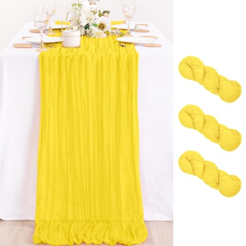 Image of MLMC 3 Pack Yellow Table Runner 10ft Summer Sheer Gauze Cheesecloth Table Runner Cheese Cloth Centerpiece Decororations 35x120 Inches for Wedding Bridal Baby Shower Birthday Party Decor