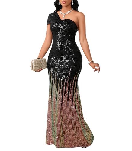Image of Cololura Women Sexy Sequin One Shoulder Mermaid Formal Party Cocktail Gowns Bodycon Evening Maxi Dress