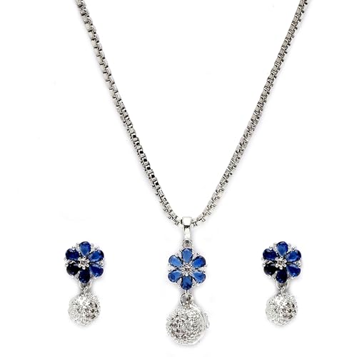 ZENEME Rhodium-Plated Silver Toned Green Cubic Zirconia studded Floral Shaped Cute Pendant with Earrings Jewellery Set for Girls and Women