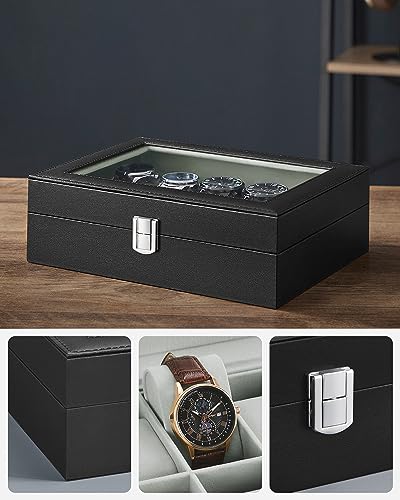 Image of SONGMICS Watch Box with 10 Slots, Watch Case with Glass Lid, Watch Display Box with Removable Watch Pillows, Metal Clasp, Gift Idea, Black Synthetic Leather, Greenish Grey Lining JWB010BK